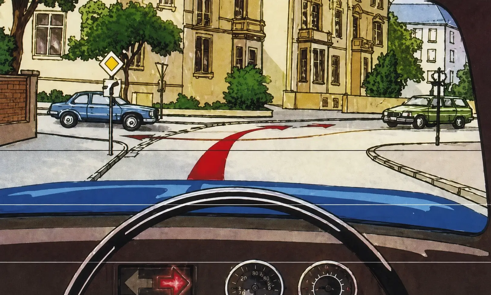 Driver's view at a junction with a priority road sign, a blue car on the left and a green car on the right